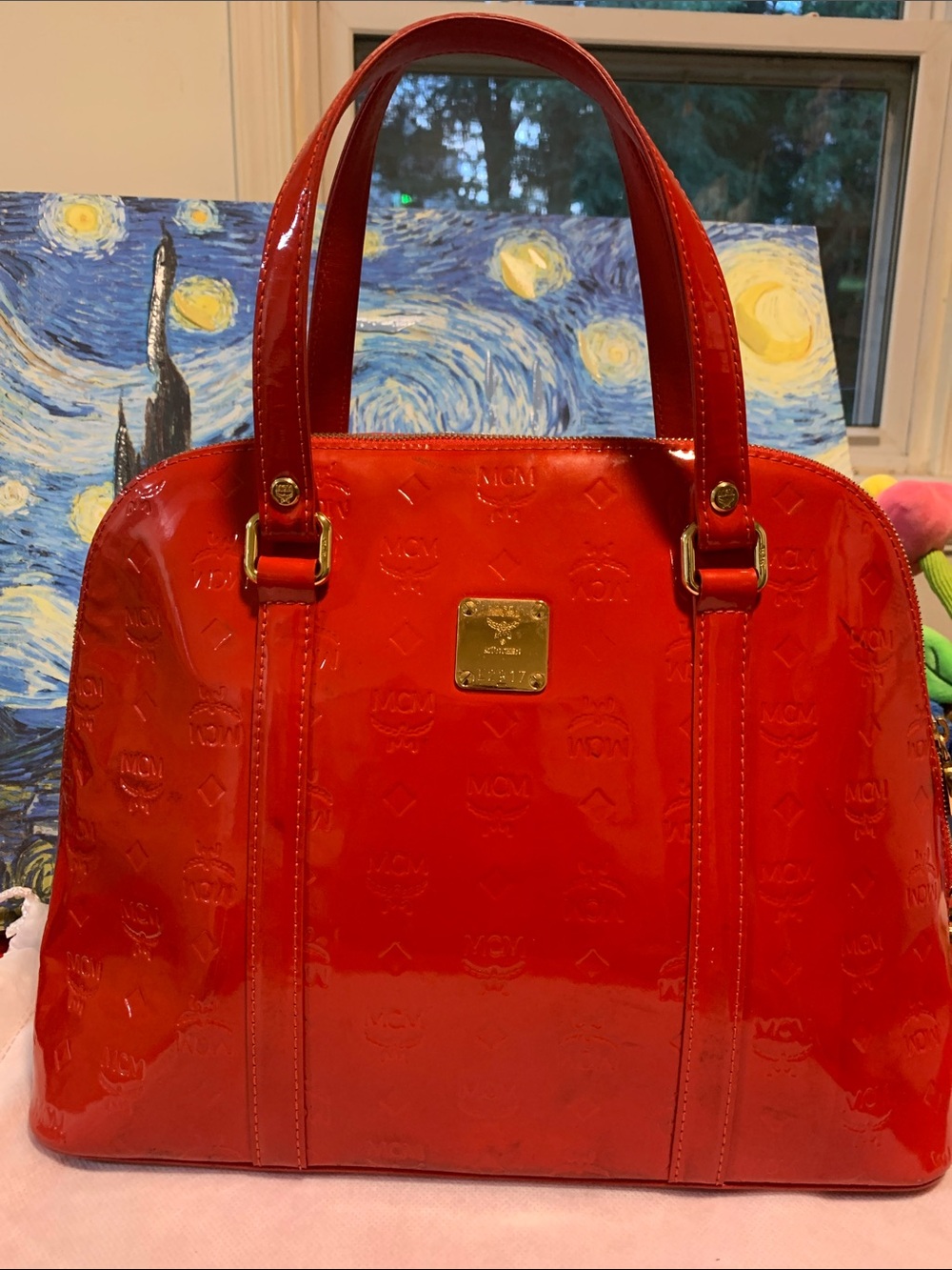 MCM Red Patent Leather Dome Tote with Gold Plaque Accent - Picture 12 of 12